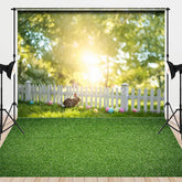 Aperturee - Aperturee Easter Bunny Grass Combo Set Backdrop Spring Sunlight and Picket Fence Party Background