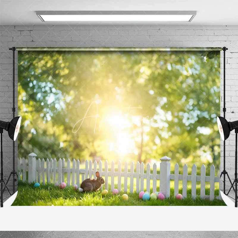 Aperturee - Aperturee Easter Bunny Grass Combo Set Backdrop Spring Sunlight and Picket Fence Party Background