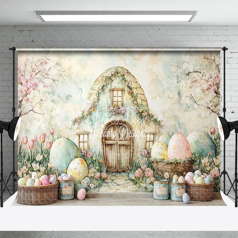 Aperturee - Aperturee Easter Bunny House Combo Set Backdrop Pastel Spring Floral and Eggs Party Background for Kids