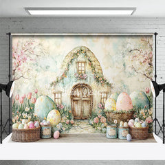 Aperturee - Aperturee Easter Bunny House Combo Set Backdrop Pastel Spring Floral and Eggs Party Background for Kids