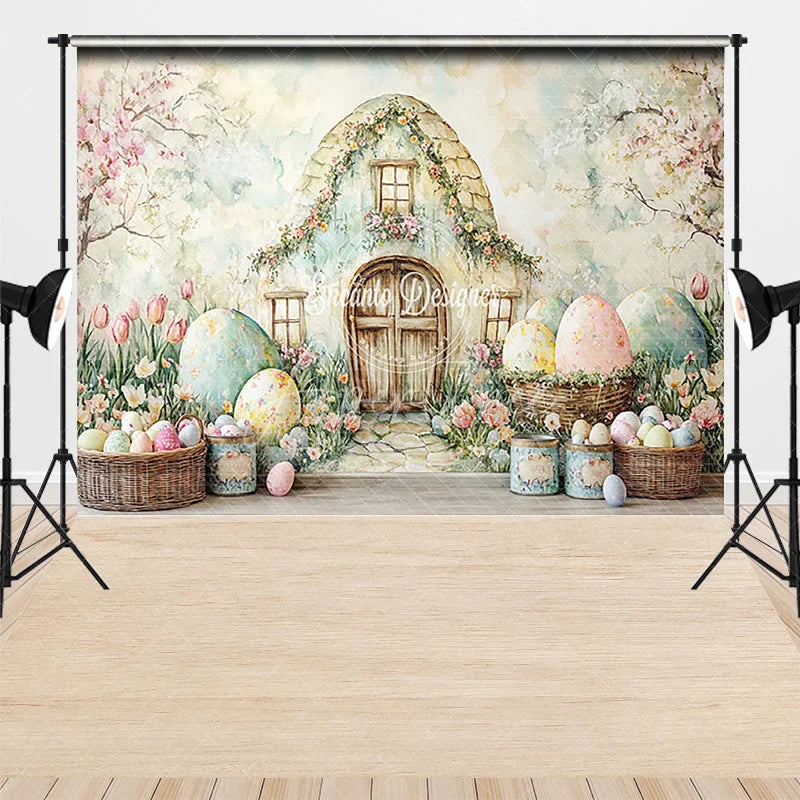 Aperturee - Aperturee Easter Bunny House Combo Set Backdrop Pastel Spring Floral and Eggs Party Background for Kids