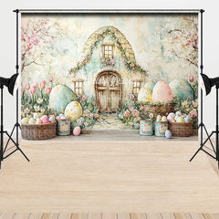 Aperturee - Aperturee Easter Bunny House Combo Set Backdrop Pastel Spring Floral and Eggs Party Background for Kids