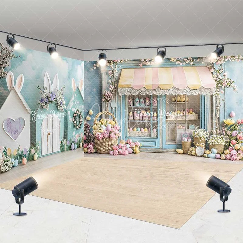 Aperturee - Aperturee Easter Bunny House Room Set Backdrop Spring Pastel Flower Shop Wood Floor Photography Studio Prop