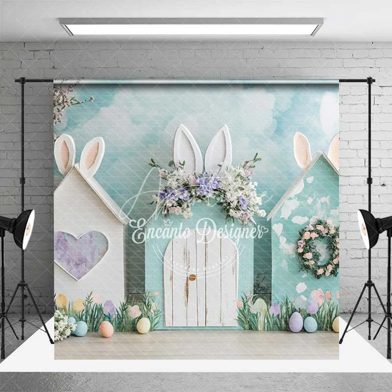 Aperturee - Aperturee Easter Bunny House Room Set Backdrop Spring Pastel Flower Shop Wood Floor Photography Studio Prop