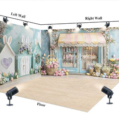 Aperturee - Aperturee Easter Bunny House Room Set Backdrop Spring Pastel Flower Shop Wood Floor Photography Studio Prop