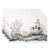 Aperturee - Aperturee Easter Bunny House Set of 4 Placemats Watercolor Egg Cottage Spring Garden Holiday Table Mats
