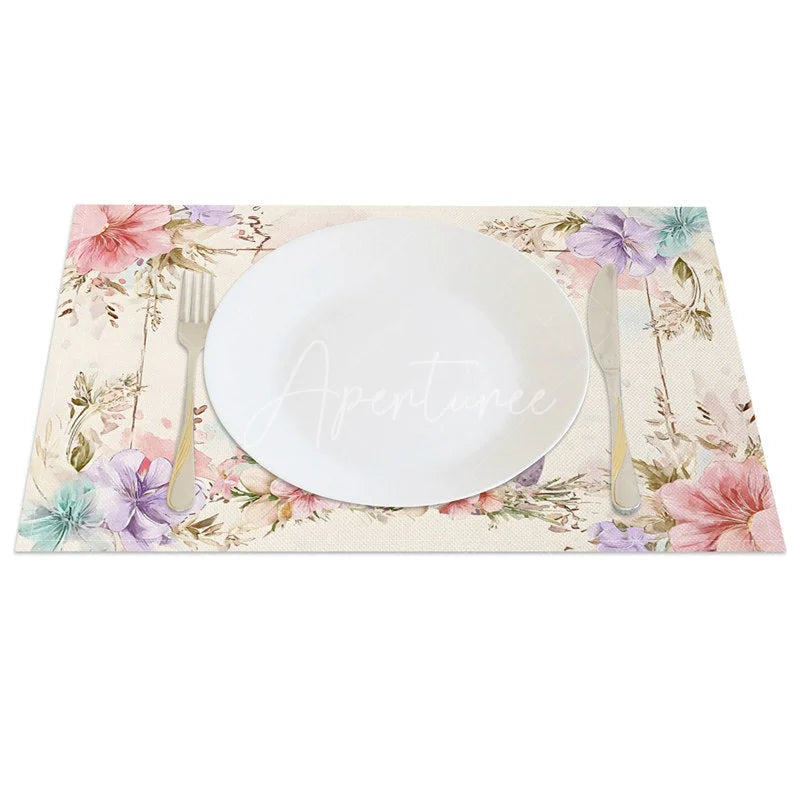 Aperturee - Aperturee Easter Bunny Purple Egg Set of 4 Placemats Pink Floral Rabbit Table Mats for Spring Holiday