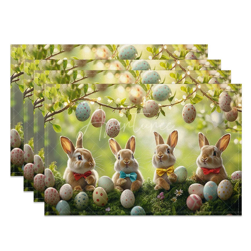 Aperturee - Aperturee Easter Bunny Set of 4 Placemats Cute Rabbits with Eggs Spring Garden Holiday Table Mats Decor