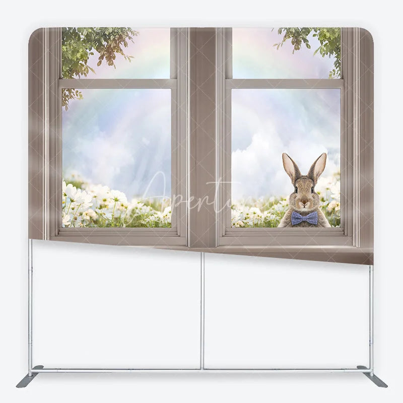 Aperturee - Aperturee Easter Bunny Tension Fabric Backdrop Spring Flowers and Rainbow Window View Background