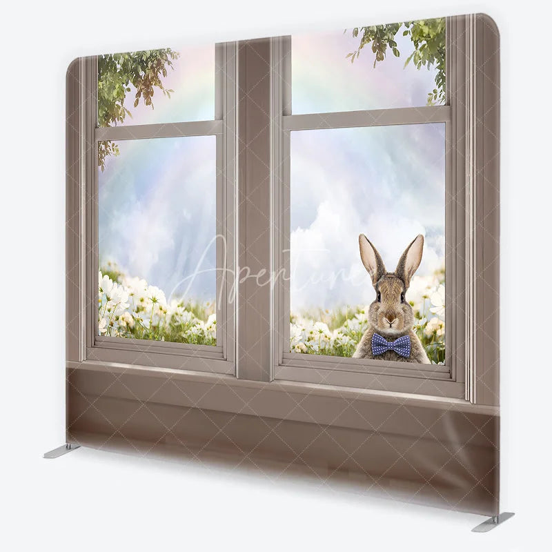 Aperturee - Aperturee Easter Bunny Tension Fabric Backdrop Spring Flowers and Rainbow Window View Background