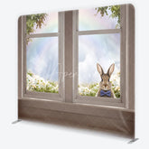 Aperturee - Aperturee Easter Bunny Tension Fabric Backdrop Spring Flowers and Rainbow Window View Background