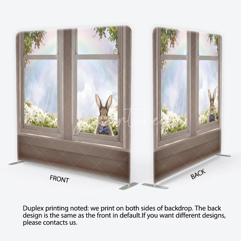 Aperturee - Aperturee Easter Bunny Tension Fabric Backdrop Spring Flowers and Rainbow Window View Background