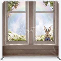 Aperturee - Aperturee Easter Bunny Tension Fabric Backdrop Spring Flowers and Rainbow Window View Background