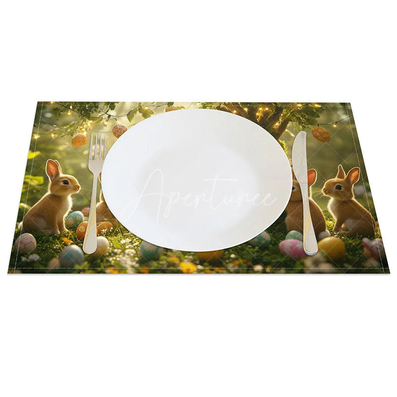 Aperturee - Aperturee Easter Bunny Tree Set of 4 Placemats Hanging Eggs in Forest Sunny Spring Holiday Table Mats