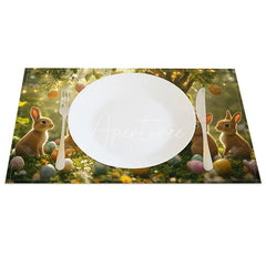 Aperturee - Aperturee Easter Bunny Tree Set of 4 Placemats Hanging Eggs in Forest Sunny Spring Holiday Table Mats