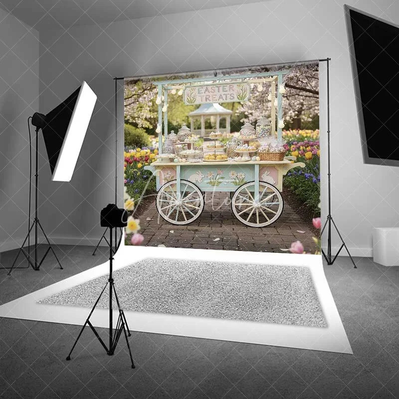 Aperturee - Aperturee Easter Candy Cart Backdrop Spring Garden Sweet Station Background Floral Tulip Treat Wagon Birthday Party Prop