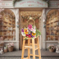 Aperturee - Aperturee Easter Candy Shop Backdrop Hoppy Sweets Storefront Background Spring Floral Bunny Bakery Birthday Party Prop