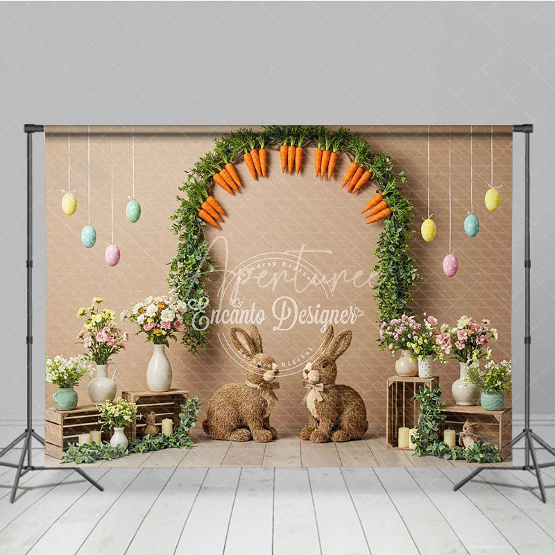 Aperturee - Aperturee Easter Carrot Arch and Bunny Backdrop Spring Garden Egg Hunt Photography Background