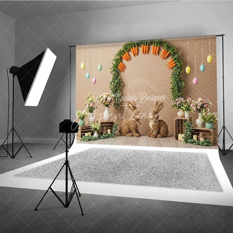 Aperturee - Aperturee Easter Carrot Arch and Bunny Backdrop Spring Garden Egg Hunt Photography Background