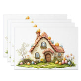Aperturee - Aperturee Easter Cottage Set of 4 Placemats Watercolor Fairy House with Eggs Spring Holiday Table Mats