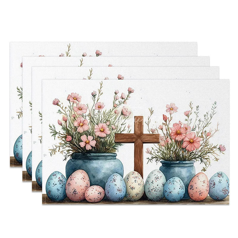 Aperturee - Aperturee Easter Cross Pink Flower Set of 4 Placemats Blue Pot Speckled Eggs Table Mats Spring Holiday Religious Decor