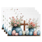 Aperturee - Aperturee Easter Cross Pink Flower Set of 4 Placemats Blue Pot Speckled Eggs Table Mats Spring Holiday Religious Decor