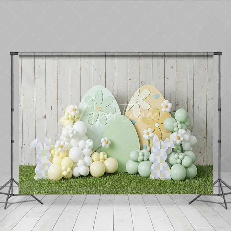 Aperturee - Aperturee Easter Decoration Backdrop Daisy Pattern Eggs Balloon Clouds Photography Background Spring Party Decoration
