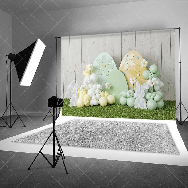 Aperturee - Aperturee Easter Decoration Backdrop Daisy Pattern Eggs Balloon Clouds Photography Background Spring Party Decoration
