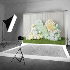 Aperturee - Aperturee Easter Decoration Backdrop Daisy Pattern Eggs Balloon Clouds Photography Background Spring Party Decoration