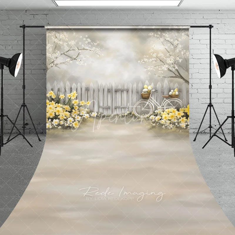 Aperturee - Aperturee Easter Egg Bicycle Backdrop Spring White Fence and Yellow Daffodils Garden Scene Holiday Photography Background