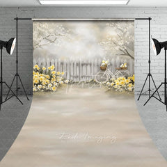 Aperturee - Aperturee Easter Egg Bicycle Backdrop Spring White Fence and Yellow Daffodils Garden Scene Holiday Photography Background