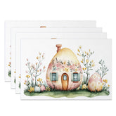 Aperturee - Aperturee Easter Egg House Set of 4 Placemats Yellow Cottage with Flowers Spring Holiday Table Mats Decor