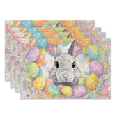 Aperturee - Aperturee Easter Egg Wreath Set of 4 Placemats Cute Grey Bunny Colorful Spring Floral Table Mats for Party