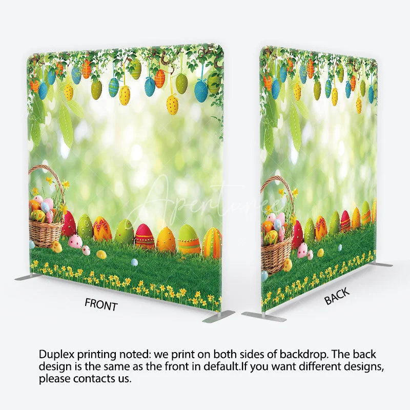 Aperturee - Aperturee Easter Eggs in Basket on Green Grass Backdrop Spring Garden Hanging Eggs Decor Tension Fabric Backdrop