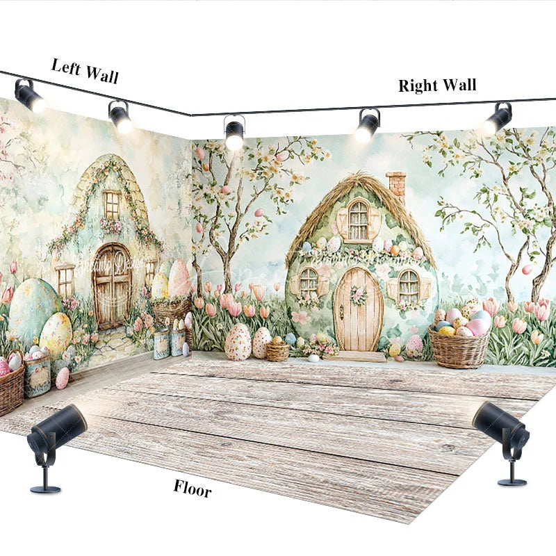 Aperturee - Aperturee Easter Fairy House Room Set Backdrop Spring Garden Eggs Photography Background Watercolor Nature Studio Prop