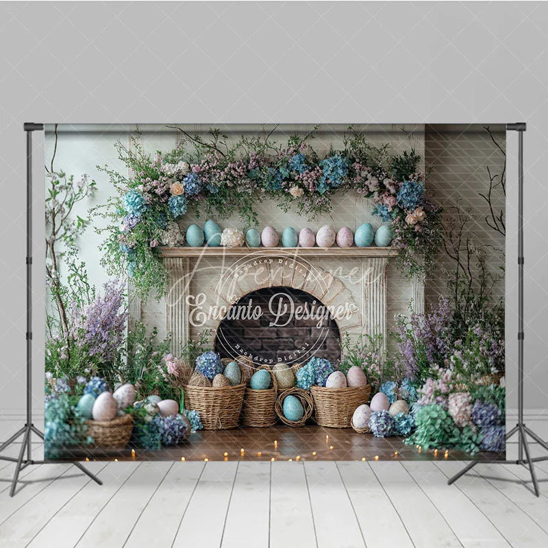 Aperturee - Aperturee Easter Fireplace and Floral Mantel Backdrop Spring Egg Basket and Hydrangea Photography Background