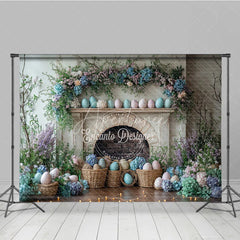 Aperturee - Aperturee Easter Fireplace and Floral Mantel Backdrop Spring Egg Basket and Hydrangea Photography Background