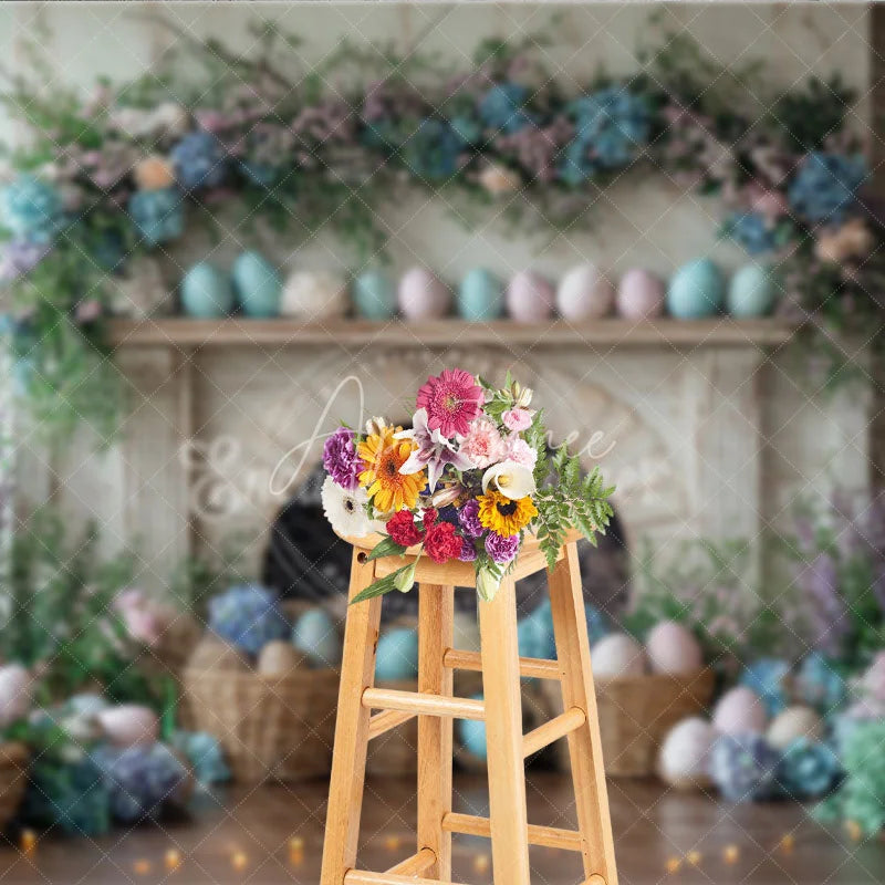 Aperturee - Aperturee Easter Fireplace and Floral Mantel Backdrop Spring Egg Basket and Hydrangea Photography Background