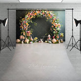 Aperturee - Aperturee Easter Floral Arch Backdrop Pastel Eggs and Bunny Statues on Moss Elegant Spring Celebration Background