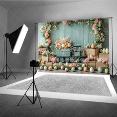 Aperturee - Aperturee Easter Floral Train and Wooden Crate Backdrop Teal Wood Wall and Spring Blossom Photography Background
