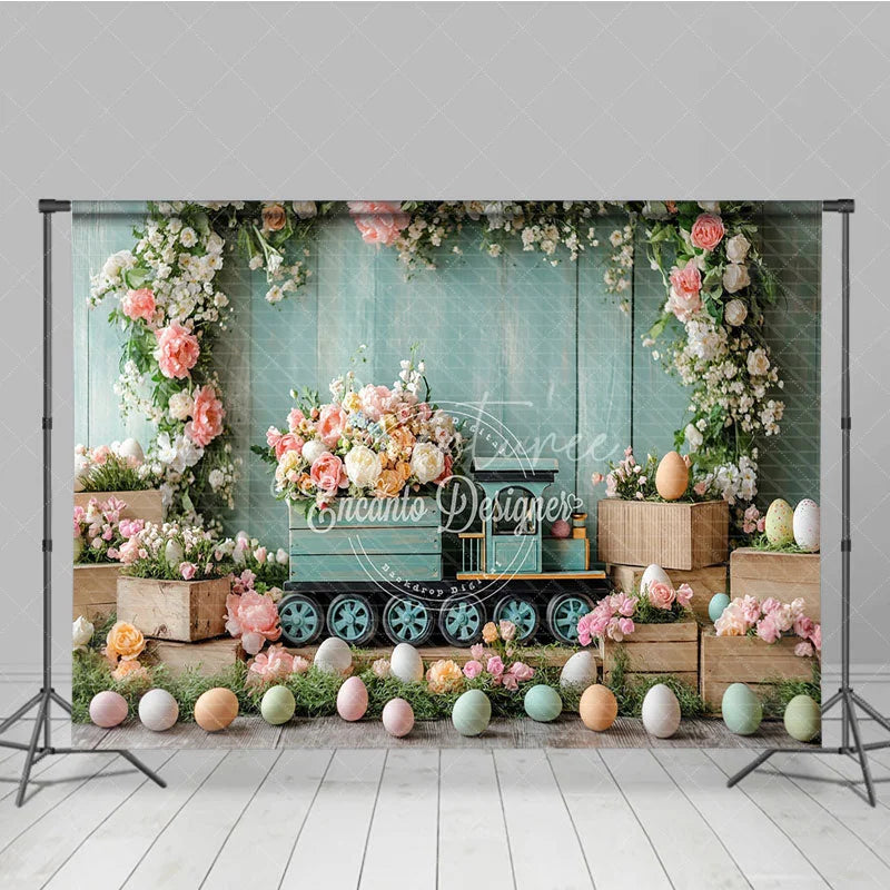 Aperturee - Aperturee Easter Floral Train and Wooden Crate Backdrop Teal Wood Wall and Spring Blossom Photography Background