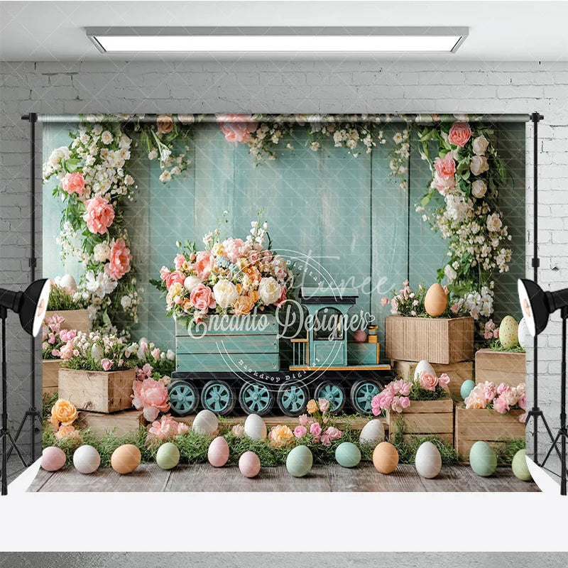 Aperturee - Aperturee Easter Floral Train and Wooden Crate Backdrop Teal Wood Wall and Spring Blossom Photography Background