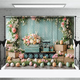 Aperturee - Aperturee Easter Floral Train and Wooden Crate Backdrop Teal Wood Wall and Spring Blossom Photography Background