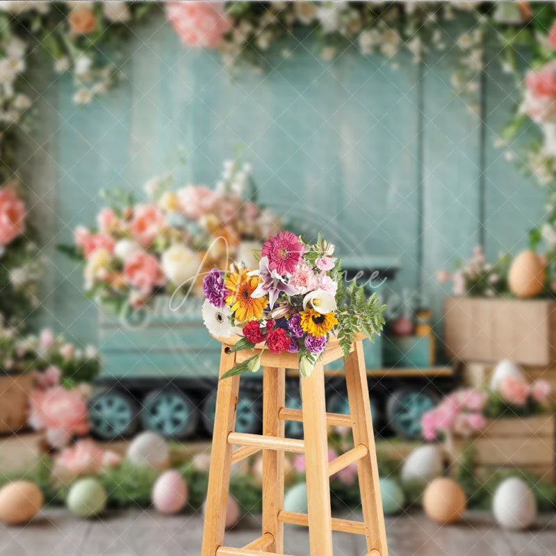 Aperturee - Aperturee Easter Floral Train and Wooden Crate Backdrop Teal Wood Wall and Spring Blossom Photography Background