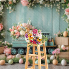 Aperturee - Aperturee Easter Floral Train and Wooden Crate Backdrop Teal Wood Wall and Spring Blossom Photography Background