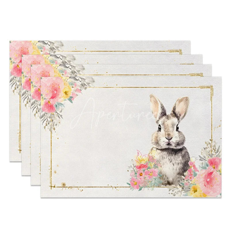 Aperturee - Aperturee Easter Gold Frame Bunny Set of 4 Placemats Watercolor Pink Flower Rabbit Table Mats for Spring