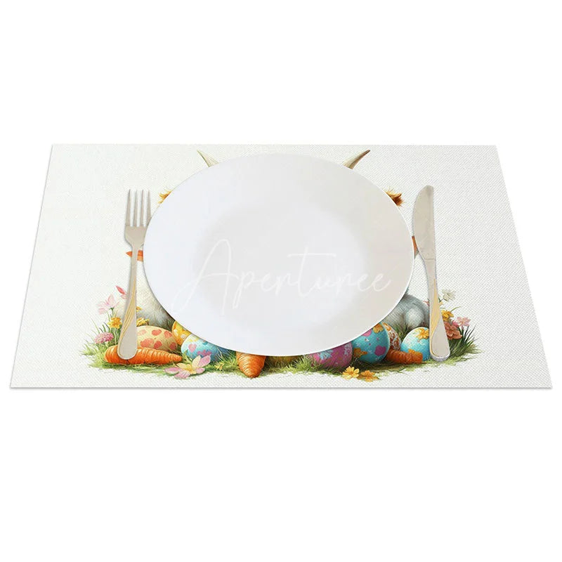 Aperturee - Aperturee Easter Highland Cow Set of 4 Placemats Spring Bunny Eggs Carrots Table Mats Cute Farmhouse Kitchen Dining Decor