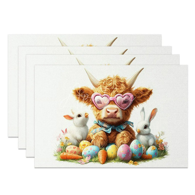 Aperturee - Aperturee Easter Highland Cow Set of 4 Placemats Spring Bunny Eggs Carrots Table Mats Cute Farmhouse Kitchen Dining Decor