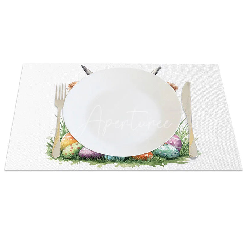 Aperturee - Aperturee Easter Highland Cow Set of 4 Placemats Spring Grass Chick Eggs Table Mats Farmhouse Kitchen Dining Room Decoration