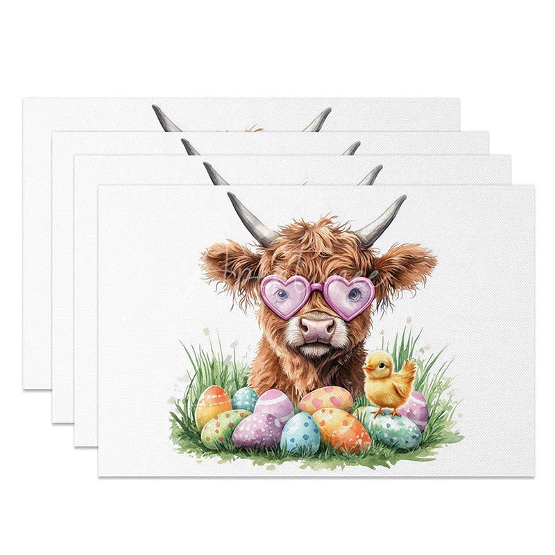 Aperturee - Aperturee Easter Highland Cow Set of 4 Placemats Spring Grass Chick Eggs Table Mats Farmhouse Kitchen Dining Room Decoration